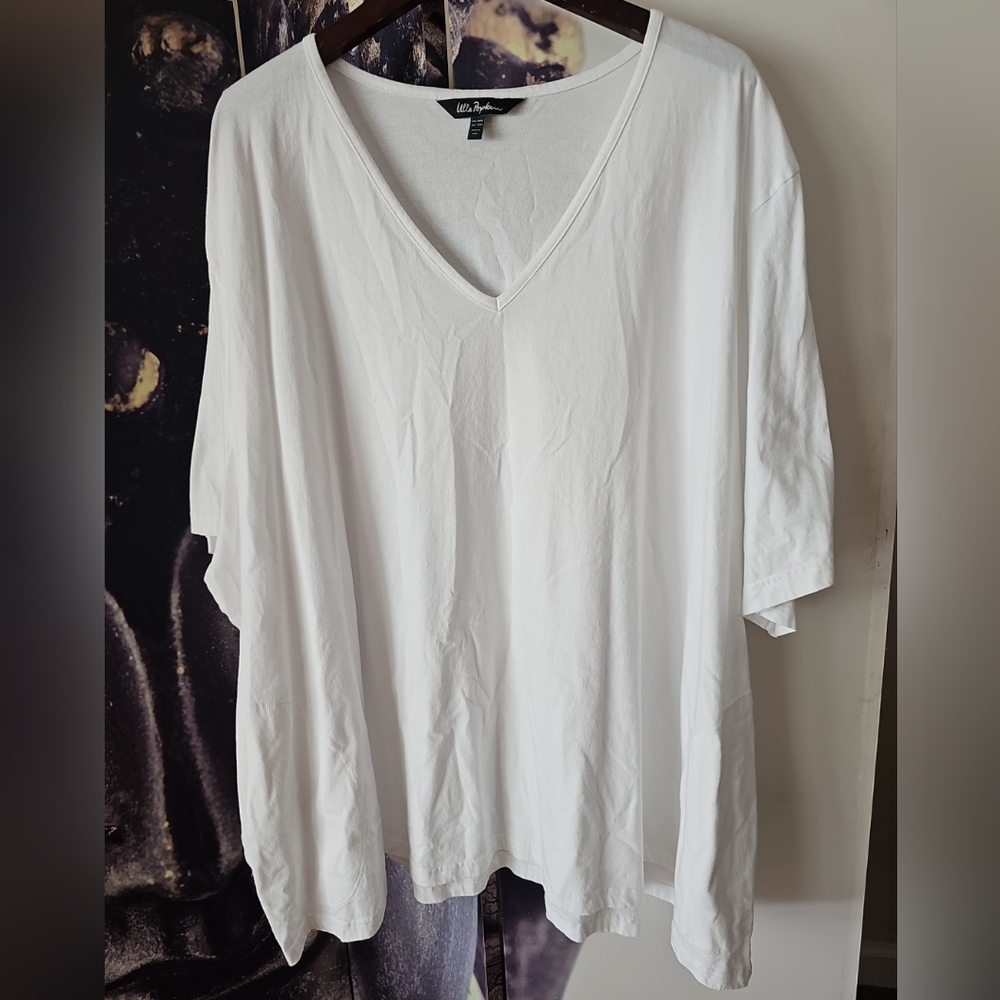 ULLA POPKEN Women's Plus Size 36/38 US V Neck Short Sleeve White Basic Top